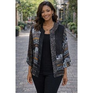 Chico's Silk Blend Open Front Jacket Topper Mixed Print Brown Black Size 0 Small
